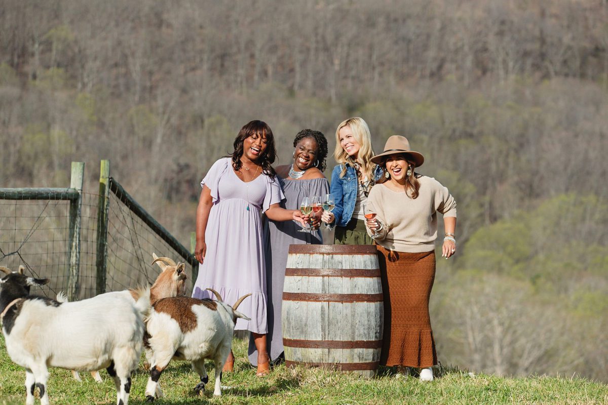 Women enjoying wine outdoors next to some playful goats