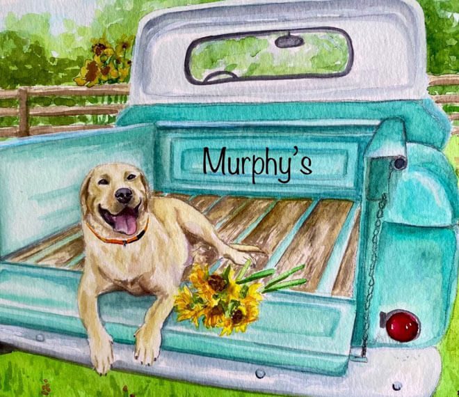 Painting of a dog in the bed of a truck that says Murphy's